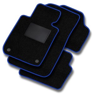 Set of black car floor mats with bright blue edges stacked diagonally, overlapping in a photo.